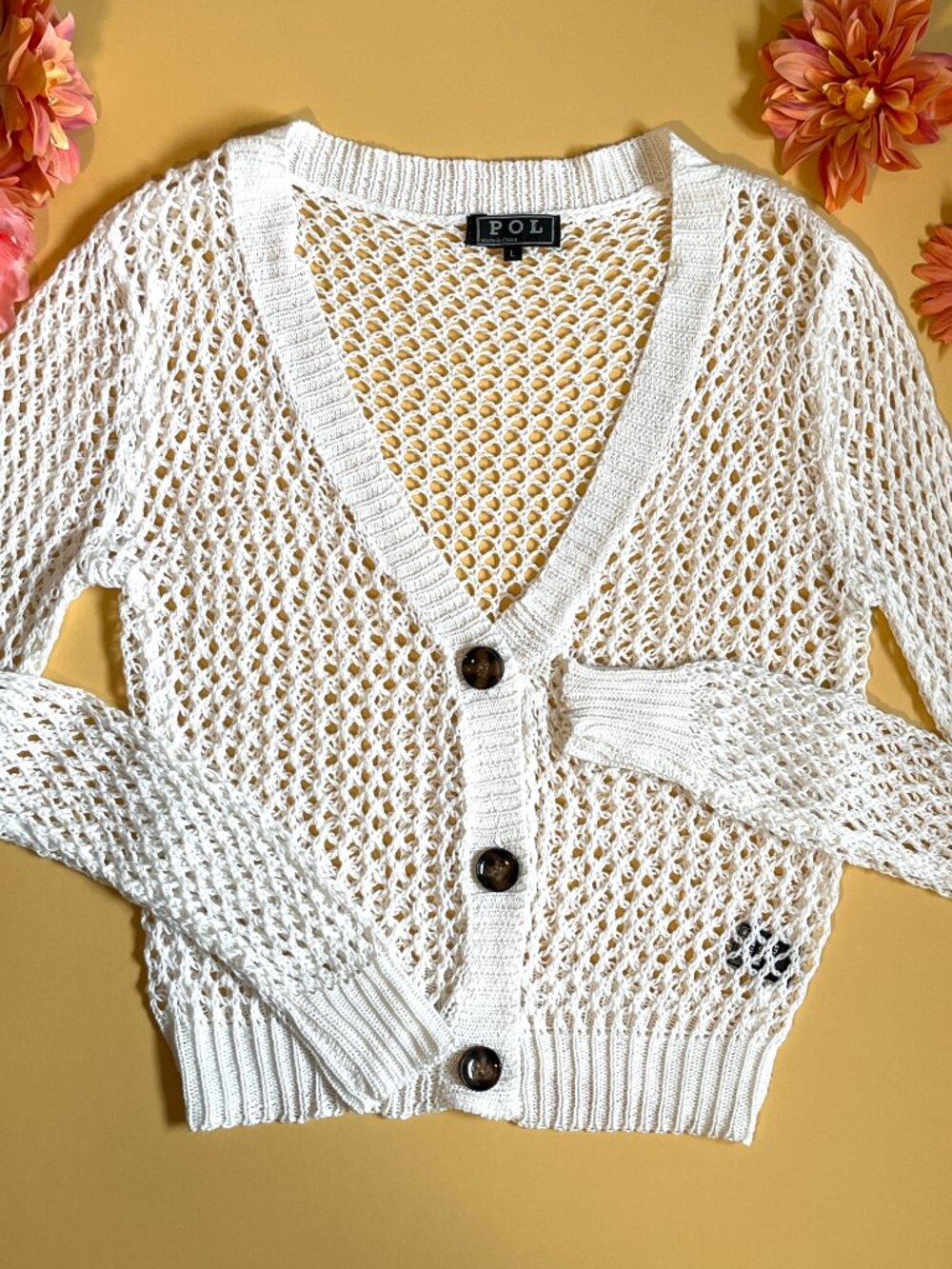 Pol Crochet Cardigan Open Pattern Cream Size L Boho Coastal Grandma